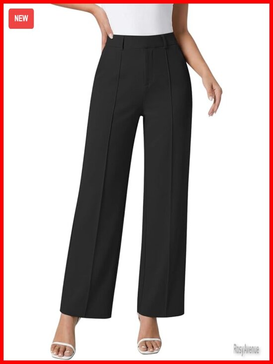Pants - Wide Leg Dress Pants Stretchy Pull On High Waisted Slacks with Pockets